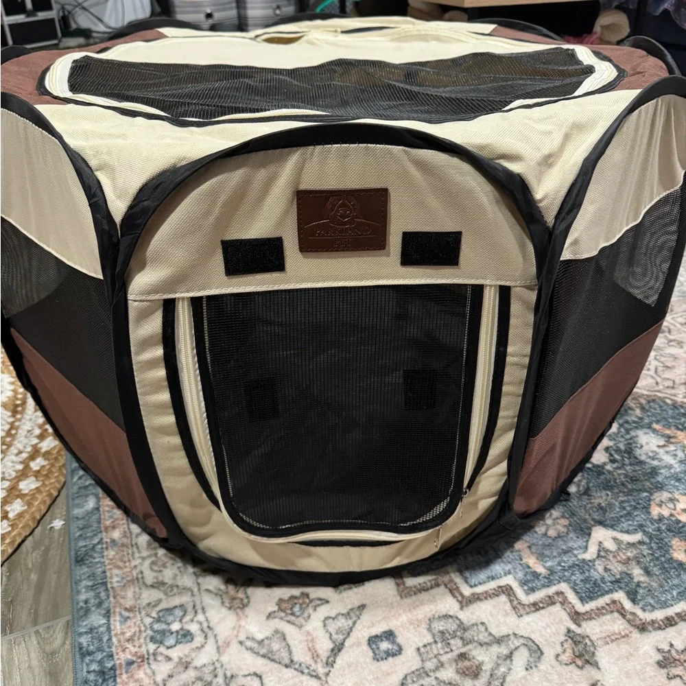 Portable and Foldable Dog Playpen in Brown and Cream - size small